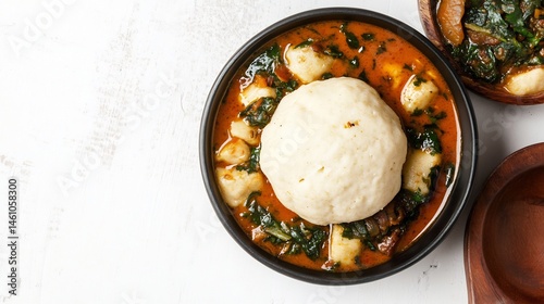 Flat lay of fufu staple dish Gabon made pounded cassava or plantain served bowl white background soft dough texture smooth finish make iconic accompaniment stew cut out isolated transparent background