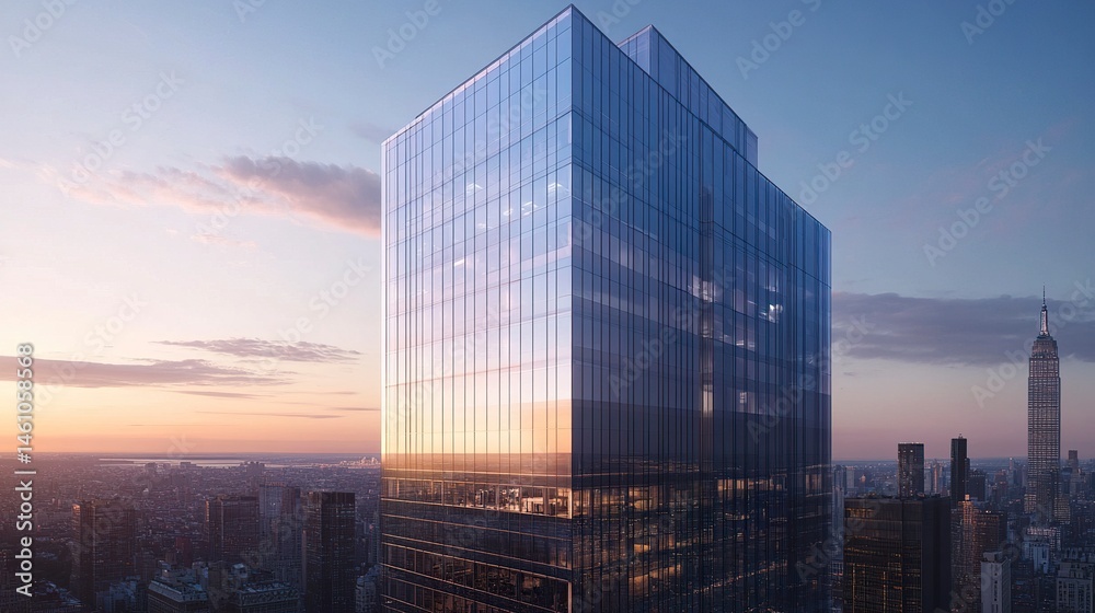 Fototapeta premium A polished office tower with floor-to-ceiling windows and a shimmering steel-and-glass exterior, reflecting the ambition and success of modern enterprises 
