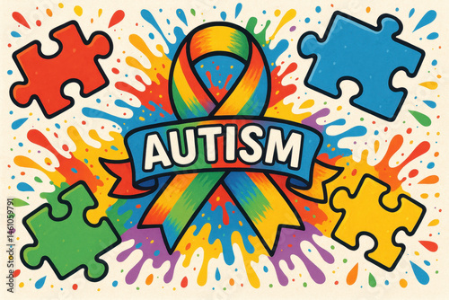Colorful autism awareness ribbon surrounded by splashing paint and puzzle pieces. A vibrant and symbolic illustration promoting inclusion, understanding, and support for the autism community.