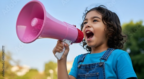 A young child holding a pink megaphone, appearing to shout or speak passionately outdoors, representing expression, communication, and confidence.