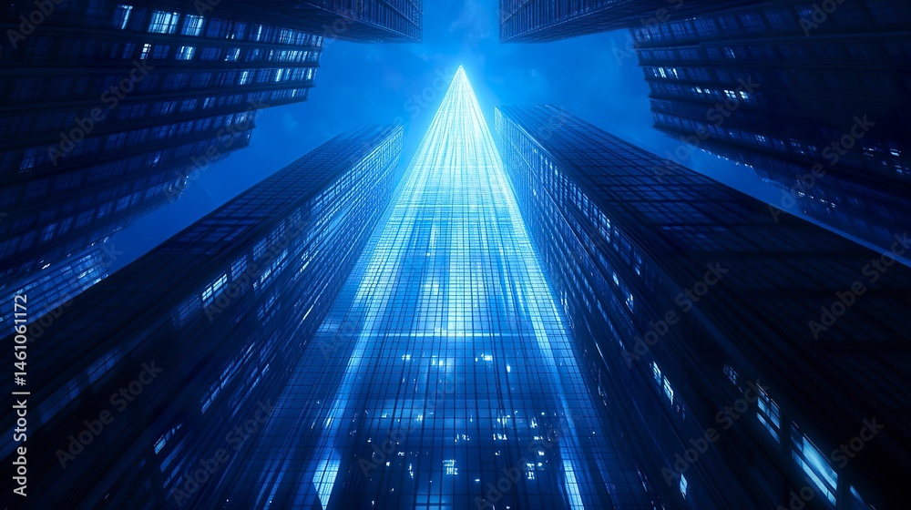 Obraz premium A soaring glass skyscraper captured from below, its sleek architecture rising into a vivid blue sky, embodying the spirit of business and finance in a modern metropolis 