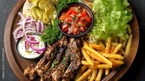 Delicious Platter: Grilled Meat, Fries, and Fresh Salad ? A Gourmet Indulgence