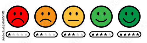 Emoji feedback rating scale with color coded faces from red sad to green happy, paired with 1 to 5 star rating bars. Perfect for, surveys, reviews, or customer satisfaction. Rating emoji, icons.