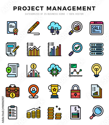 Collection of Project Management 25 Lineal Color Icons Pack.