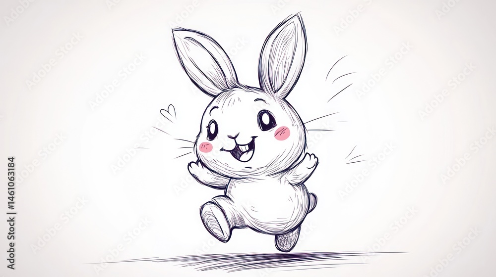 Fototapeta premium Cute cartoon rabbit sketch, playful, happy expression