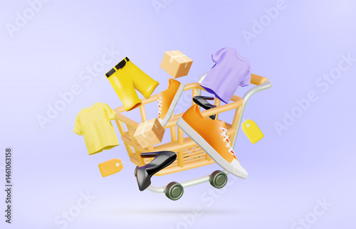 3D Vector Illustration Render Shopping Cart With Clothes, Shoes, Floating Up With Parcel Box And Product Tags Concept Of Online Shopping, Fashion Shopping And Digital Parcel Delivery.