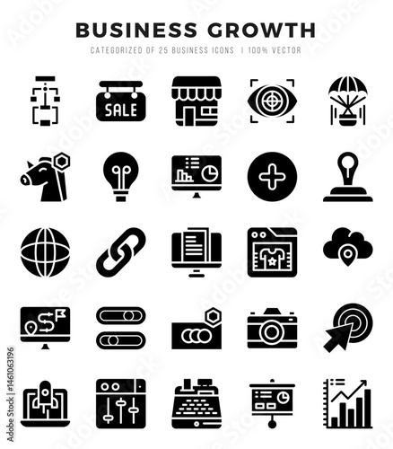 Business Growth Glyph icons collection. Glyph icons pack. Vector illustration