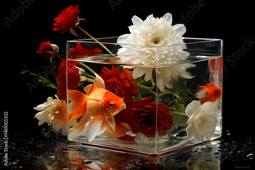 Elegant Goldfish in a Floral Glass Aquarium.