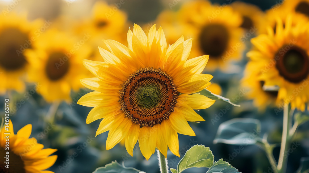 Naklejka premium Bright sunflowers bloom in vibrant summer field, showcasing their golden petals and intricate centers, evoking feelings of joy and warmth in nature beauty