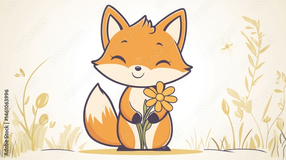 Obraz premium Cute fox holding flower in nature background. Possible stock photo use children's book illustration