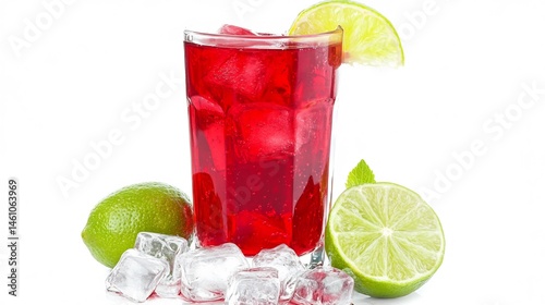 Flat lay of Hibiscus juice refreshing vibrant drink Gabon served tall glass ice cubes slice of lime side all placed pristine white background clean cool look cut out on isolated transparent background
