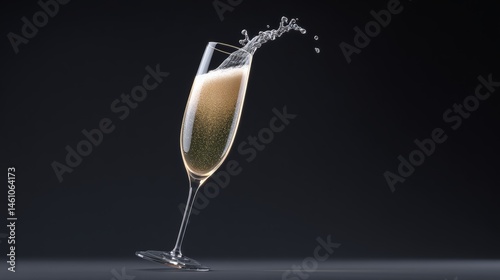 Glass of champagne is being poured into a glass, with the liquid spilling out of the glass and splashing onto the table. Concept of celebration and enjoyment