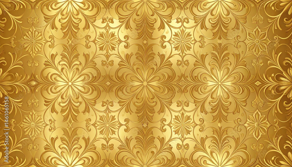 Fototapeta premium Elegant gold foil texture featuring intricate floral patterns and shimmering metallic details, creating luxurious and sophisticated appearance. This design is perfect for various decorative