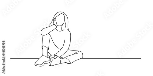 continuous line art of a woman sitting alone in thought