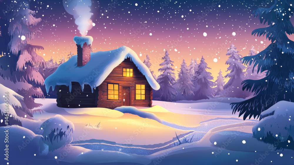 Naklejka premium cozy winter cabin surrounded by snow covered trees creates serene atmosphere. warm glow from windows contrasts beautifully with snowy landscape, evoking sense of peace and comfort