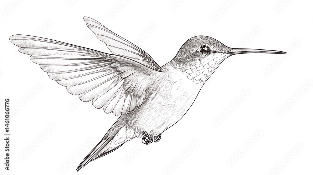 Fototapeta premium Detailed grayscale drawing of a hummingbird in flight against a white background. Possible use stock photography