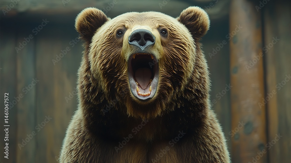 Obraz premium A brown bear with an open mouth, expressing surprise or excitement.