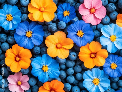 Vibrant flowers and berries create a colorful pattern.