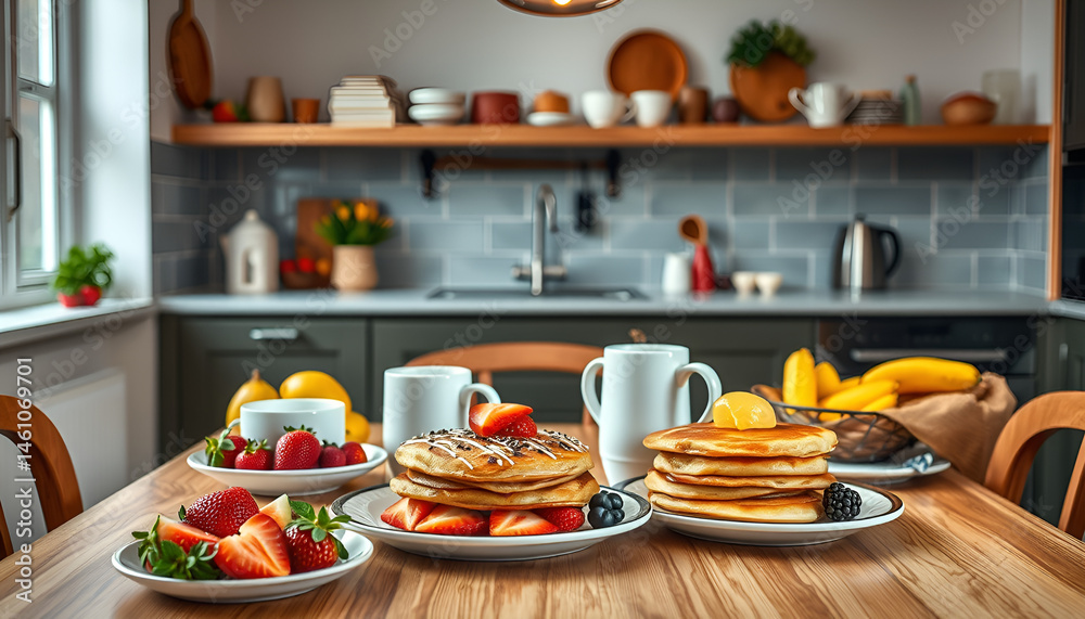 Delicious Pancake Breakfast with Strawberries and Berries Delicious Pancake Breakfast with Strawberries and Berries