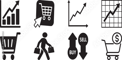shopping cart buy sell stock market chart icons business growth graph ecommerce success icon pack