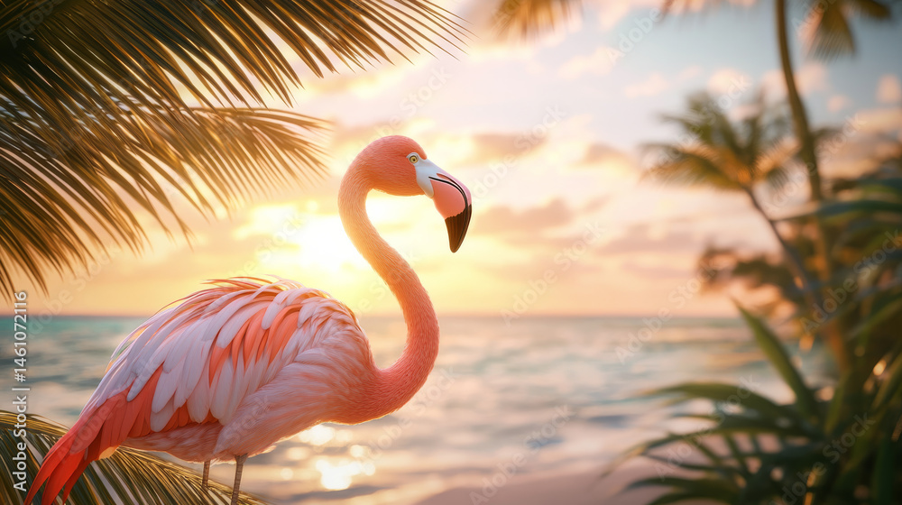 Fototapeta premium beautiful pink flamingo stands gracefully among lush palm trees, basking in warm glow of tropical sunset. serene ocean waves create tranquil atmosphere, evoking feelings of peace and relaxation