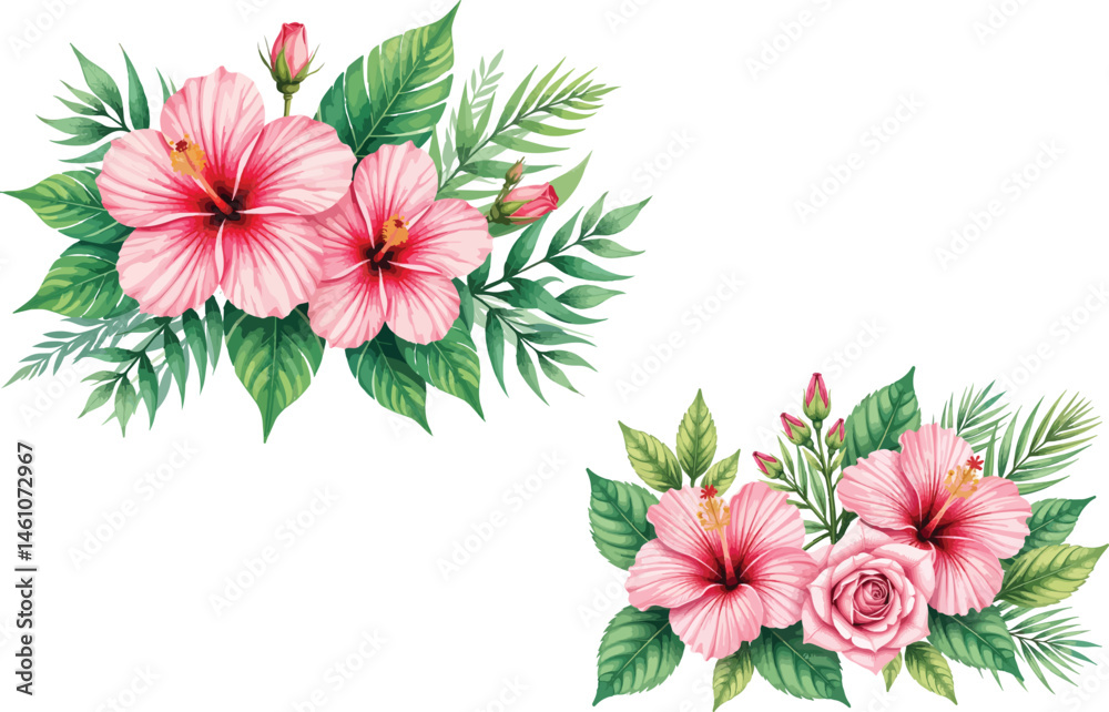 Obraz premium Watercolor Hibiscus and Rose Floral Arrangements - Tropical Botanical Illustration Set