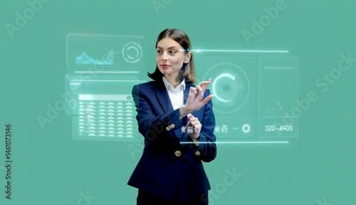 Woman Touching Interface Screen Demonstrating Digital Technology on Green Background