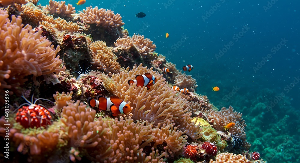 Fototapeta premium Fish Swimming Among Coral Reef in Clear Ocean Water
