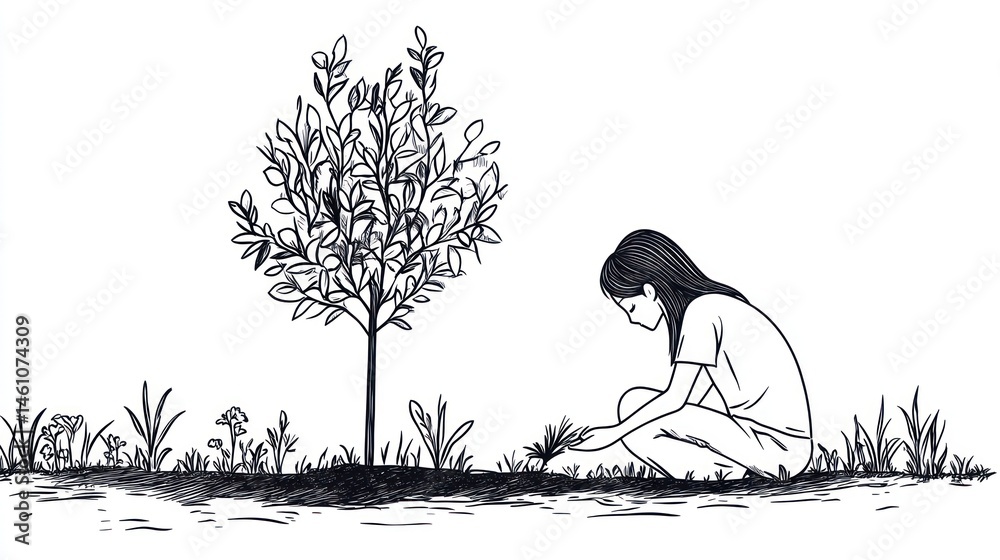 Fototapeta premium Girl planting a tree in a garden. Possible use Children's book illustration