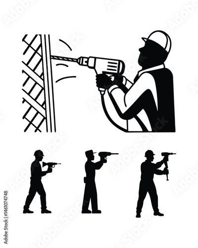 man with a drill vector, labor worker male in different pose, vector silhouette.