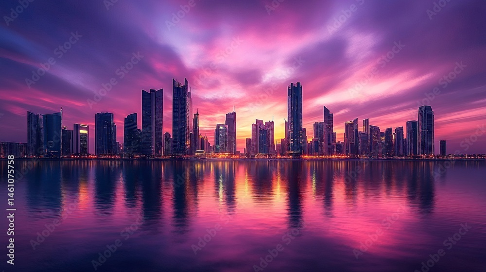 Naklejka premium The skyline of a modern city bathed in the vibrant hues of a setting sun, tall buildings creating striking contrasts against the colorful evening sky