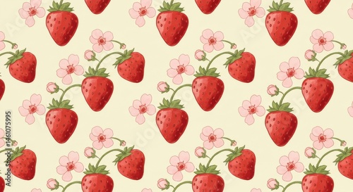 Strawberry and blossom pattern on a pale background.
