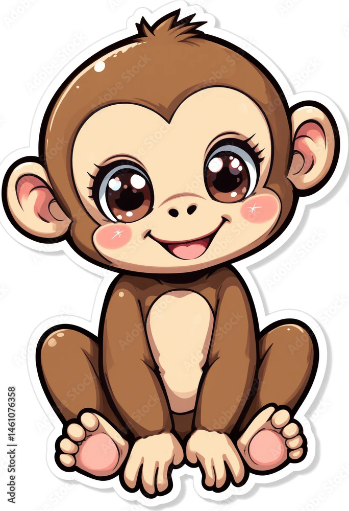 Naklejka premium Cute Vector monkey Sticker with Sparkly Eyes on White Background – Kawaii