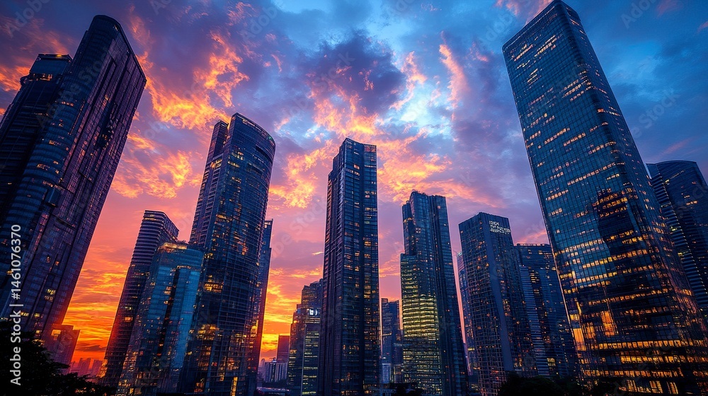Obraz premium The sun sets behind towering skyscrapers, painting the sky with warm colors as the city below transitions into evening; low-angle perspective, glowing light, tranquil ambiance. 