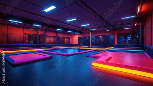 Vibrant indoor trampoline park.  Multicolored trampolines lit with neon lights, creating a dynamic and exciting space