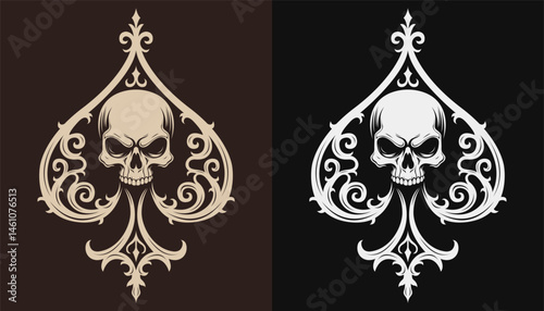 Ace of spades design skull, poker ornamental emblem Symbol, Tattoo Inspired Dark Art Edgy beautiful intricate style vector illustration