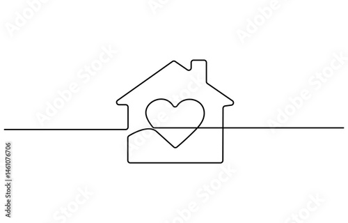 Heart inside house continuous one line drawn. Love home concept, House outline with heart inside, copy space, residential building continuous one art line drawing.