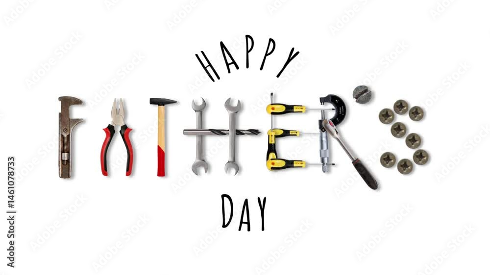 Happy fathers day greeting card with animated tool appearing randomly on white background. Fathers day footage animation 4k.