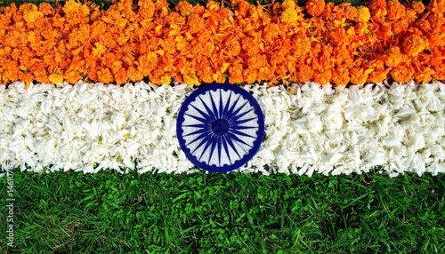 Indian Flag Recreated with Flowers Saffron White Green Petals Grass Ashoka Chakra