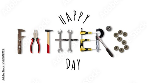 Happy fathers day greeting card with animated tool appearing randomly on white background. Fathers day footage animation 4k.