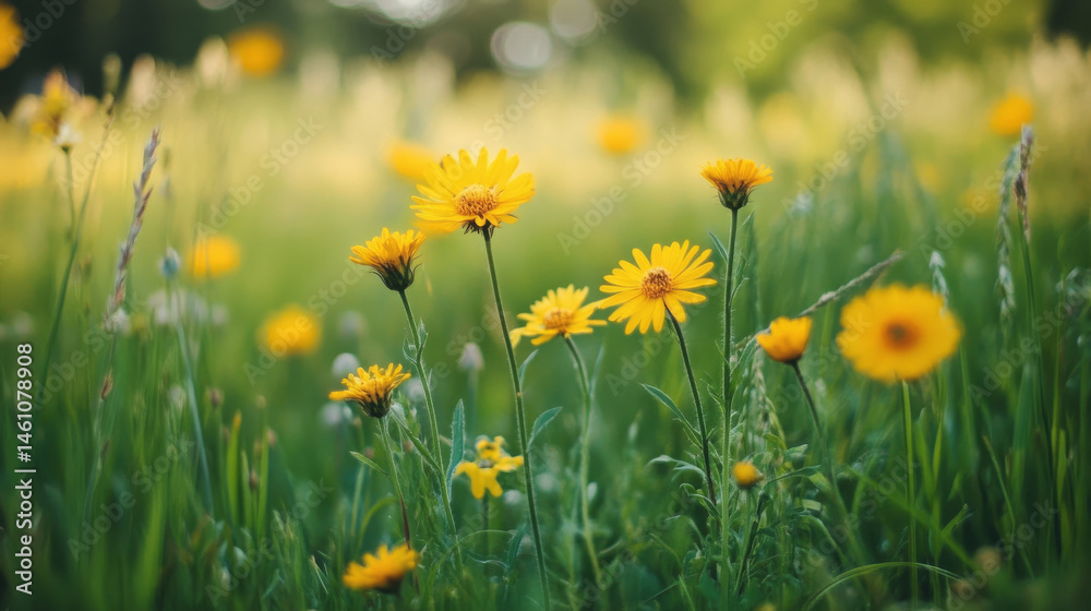 Obraz premium Fluffy yellow wildflowers bloom vibrantly in sunny summer meadow, creating cheerful and serene atmosphere. lush green grass complements bright flowers beautifully