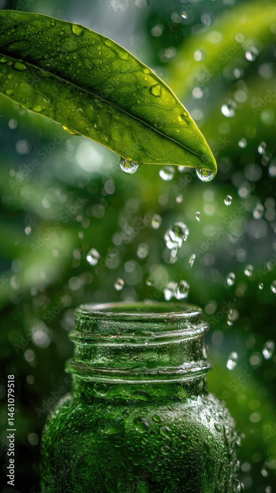 Fototapeta premium Fresh leaf with water droplets falling into a glass bottle, purity and renewal in nature