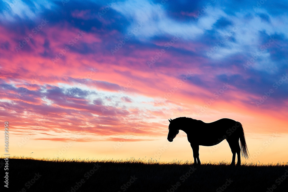 Silhouette of horse in serene sunset atmosphere with vibrant colors