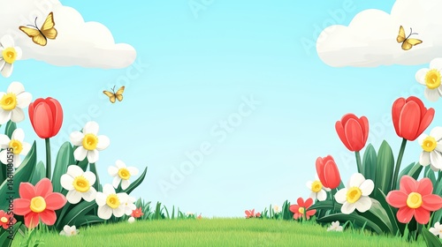Colorful spring landscape with flowers, butterflies, and blue sky in a bright and cheerful setting