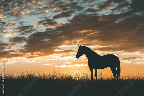 Obraz na płótnie Ethereal silhouette: Horse against a vibrant sunset sky, creating a majestic scene w salonie