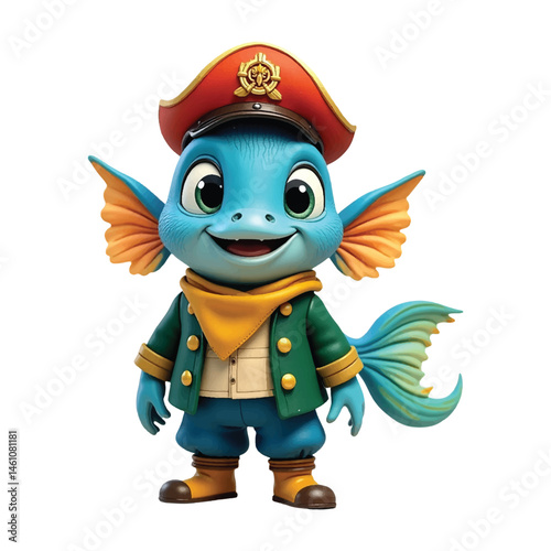 Happy Cartoon Fish Character Wearing a Hat and Jacket