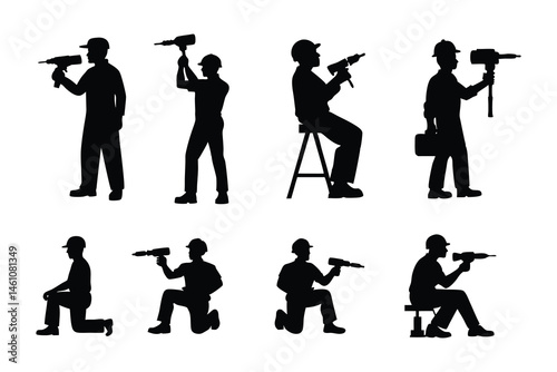 worker with drill machine silhouette, a worker using a drill machine vector.