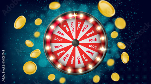 Casino wheel spin with flying coin - luck game device. Red and white sectors with prize amounts, glossy metallic frame, winning chance spinner surrounded by floating glowing gold chips or money.