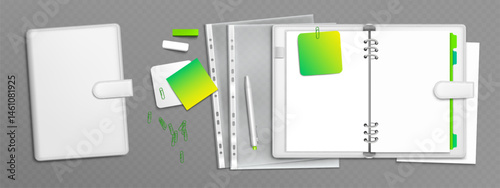 Ring binder folder set - realistic stationery mockup. Closed spiral notepads, open diary planner pages, sticky notes, metallic perforated rings and pen clips. Office supplies for branding identity.