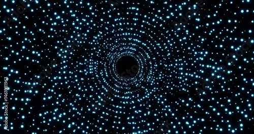 Blue neon glitter dots glowing spiral tunnel background. Abstract neon background. 4K